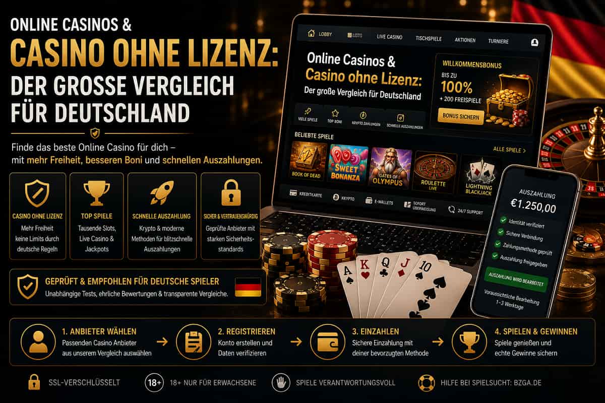 Casino ohne Lizenz Vergleich mit Laptop, Smartphone, Roulette, Chips und Spielkarten in dunkler Premium-Casino-Szene.